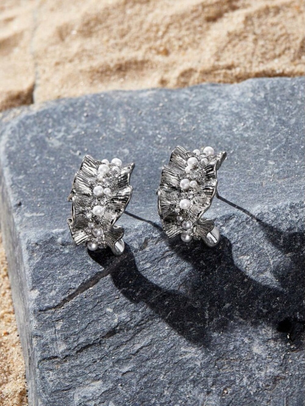 Silver Textured Wave Pearl Cluster Earrings